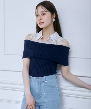 チェックブラウスドッキングニットトップス