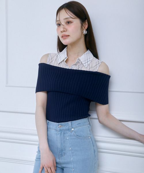 チェックブラウスドッキングニットトップス 詳細画像