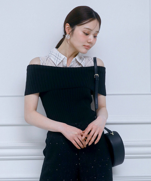 チェックブラウスドッキングニットトップス 詳細画像