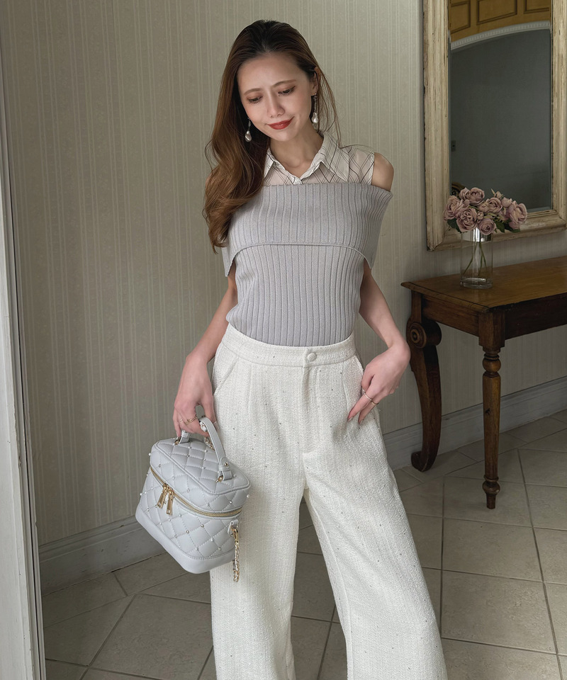 チェックブラウスドッキングニットトップス 詳細画像 グレー 2