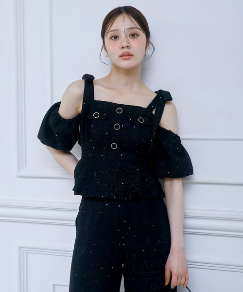 スパンコールツイードペプラムトップス 詳細画像