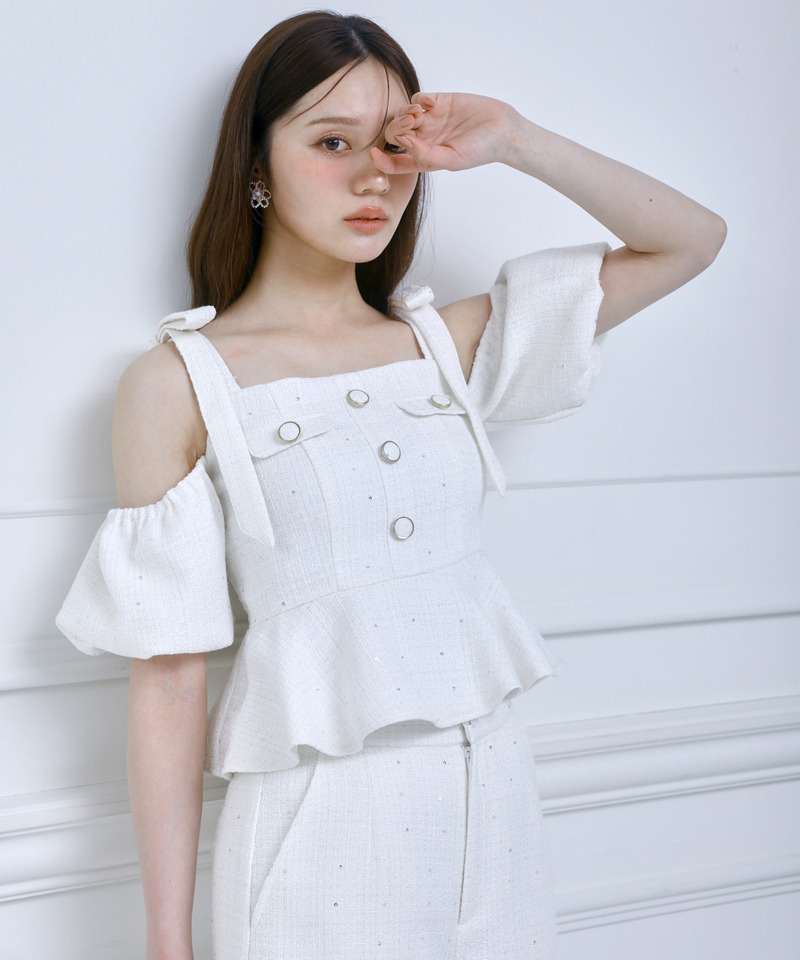 スパンコールツイードペプラムトップス 詳細画像 オフホワイト 1