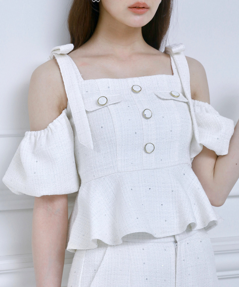 スパンコールツイードペプラムトップス 詳細画像 オフホワイト 2