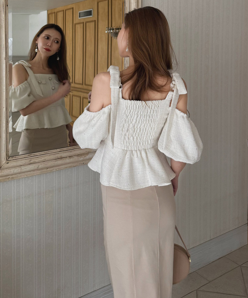 スパンコールツイードペプラムトップス 詳細画像 オフホワイト 5