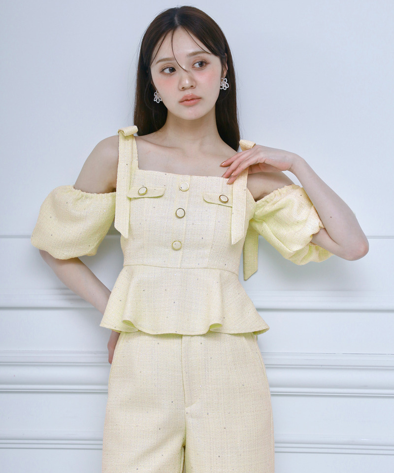 スパンコールツイードペプラムトップス 詳細画像 イエロー 1