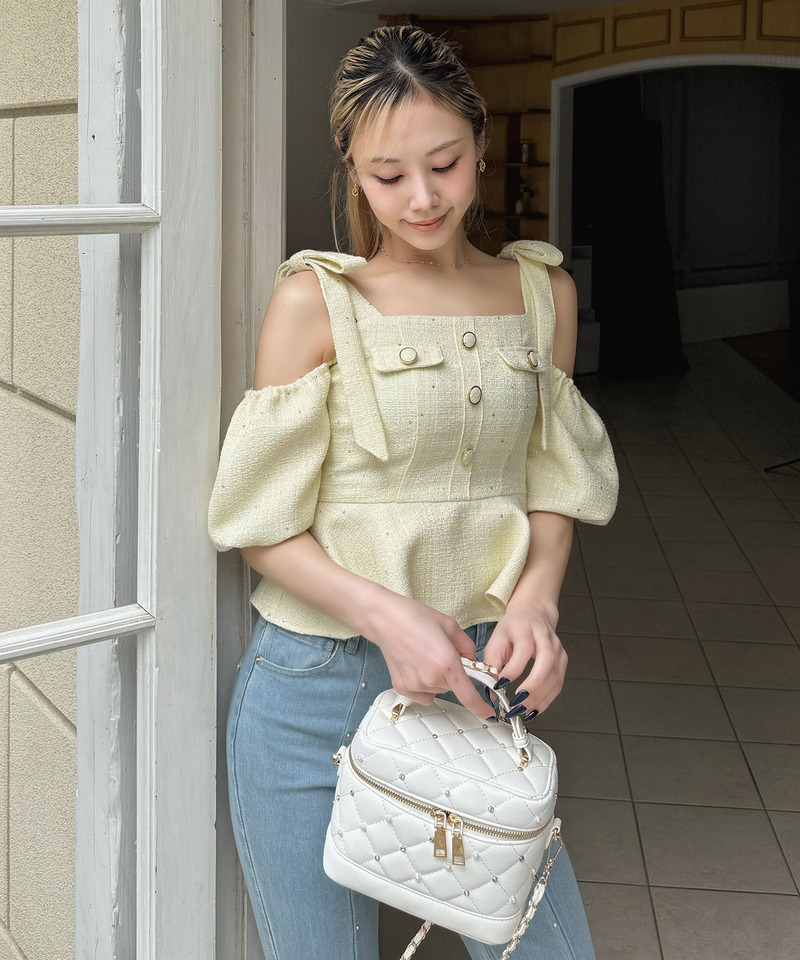 スパンコールツイードペプラムトップス 詳細画像 イエロー 2