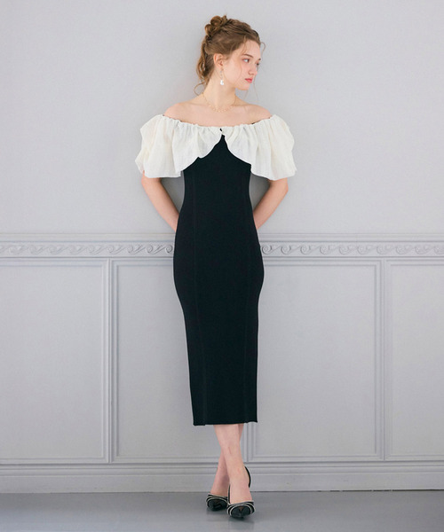 異素材シアーオフショルタイトニットワンピース