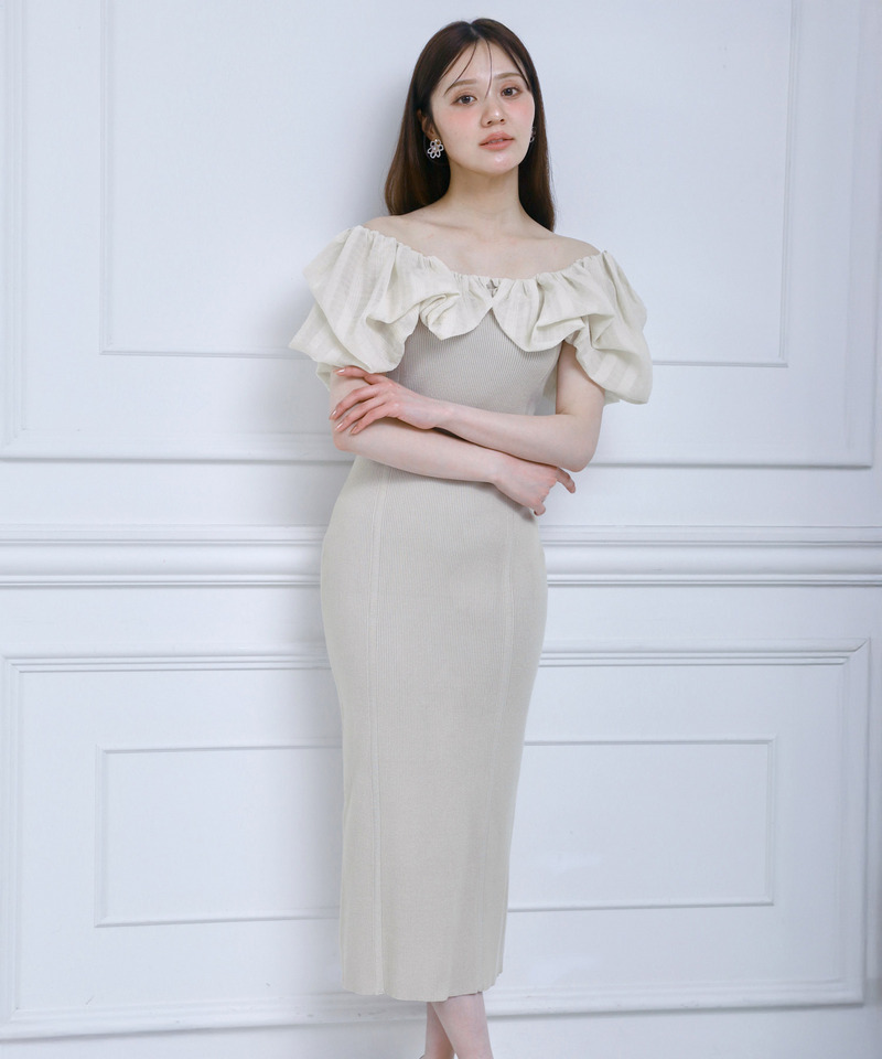 異素材シアーオフショルタイトニットワンピース 詳細画像 ベージュ 1