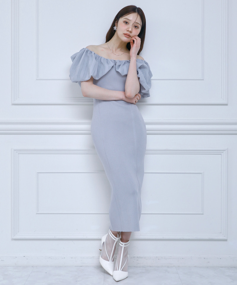 異素材シアーオフショルタイトニットワンピース 詳細画像 ブルー 1