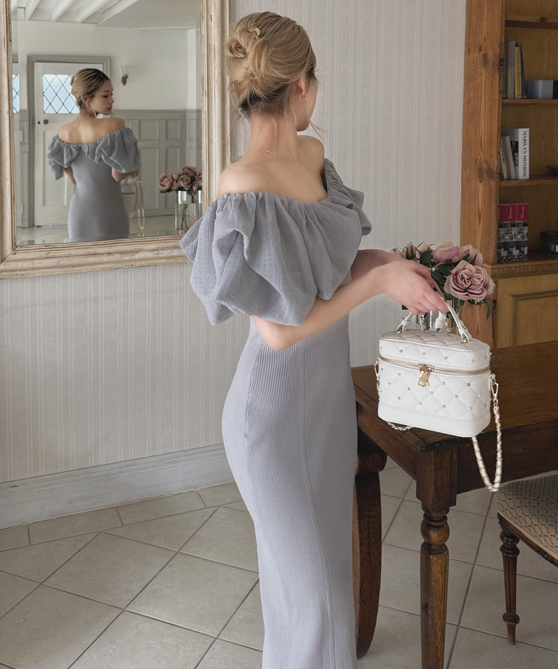 異素材シアーオフショルタイトニットワンピース 詳細画像 ブルー 3