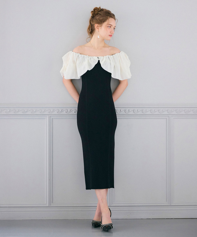 異素材シアーオフショルタイトニットワンピース 詳細画像 ブラック 1