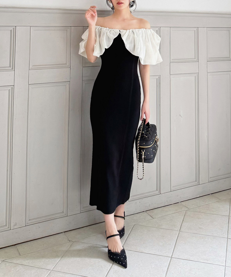 異素材シアーオフショルタイトニットワンピース 詳細画像 ブラック 2