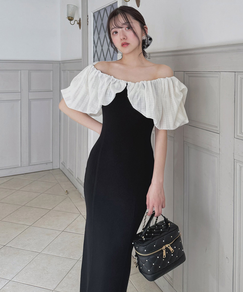 異素材シアーオフショルタイトニットワンピース 詳細画像 ブラック 3