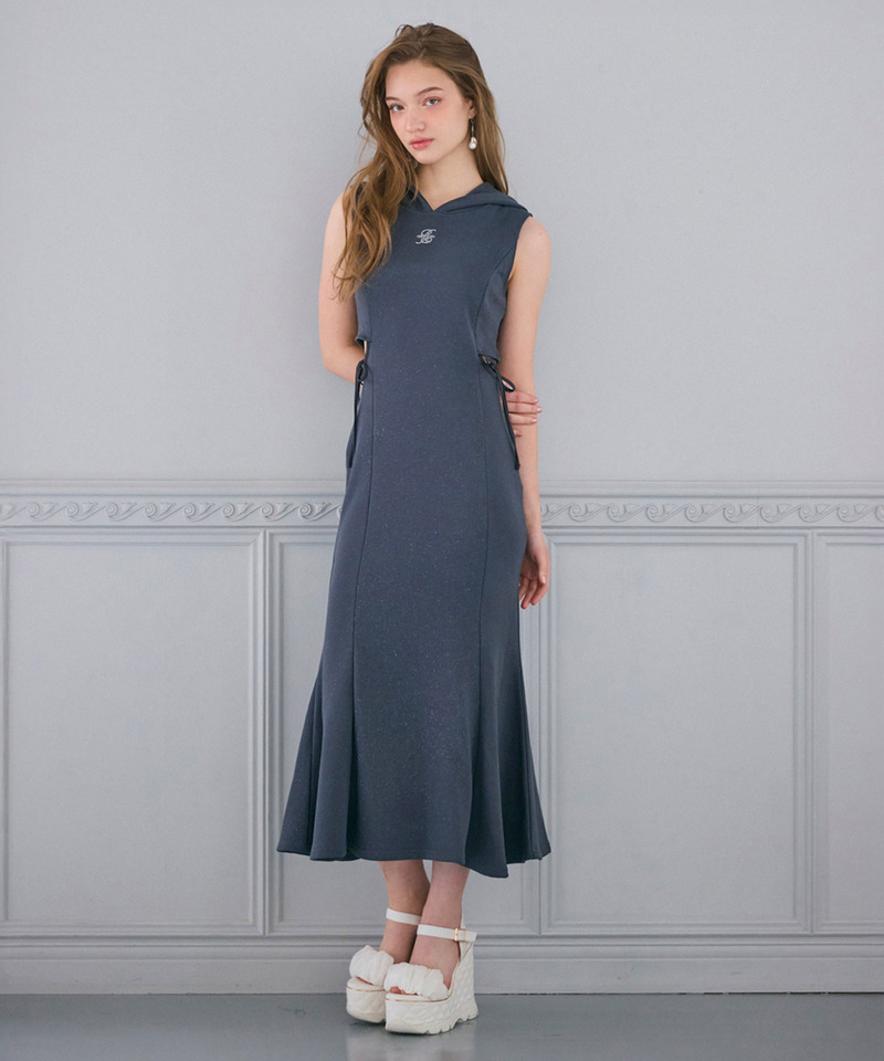 ラメ裏毛ラインストーンロゴカットアウトフーディーワンピース 詳細画像 ネイビー系 1