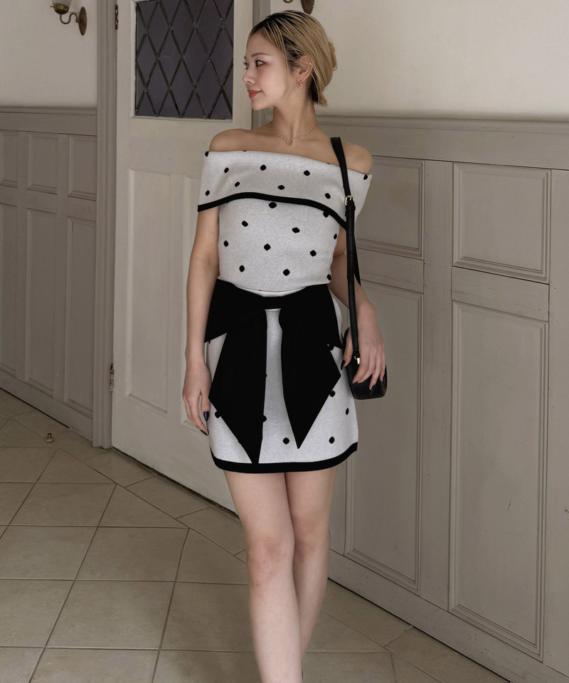 BIGリボンドットジャガードニットミニスカート 詳細画像 オフホワイト 3