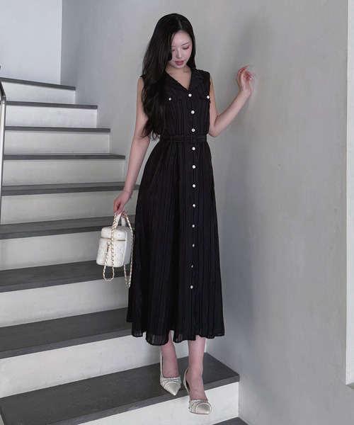 フリンジシアーテーラーノースリーブロングフレアワンピース 詳細画像