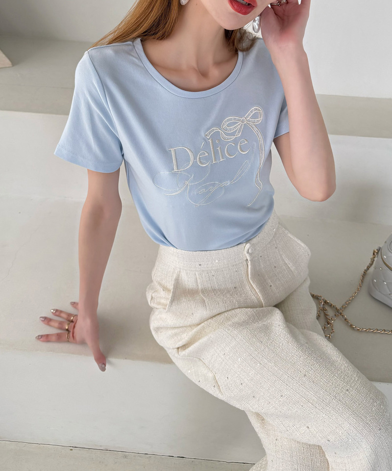 ロゴ刺しゅうレースリボンTシャツ 詳細画像 ブルー 1