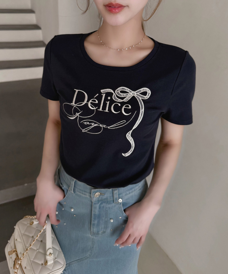 ロゴ刺しゅうレースリボンTシャツ 詳細画像 ネイビー 1