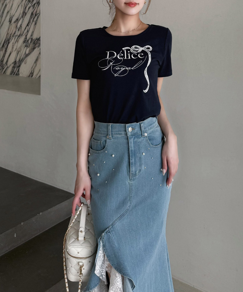 ロゴ刺しゅうレースリボンTシャツ 詳細画像 ネイビー 2