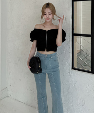コットンレースパフスリーブトップス