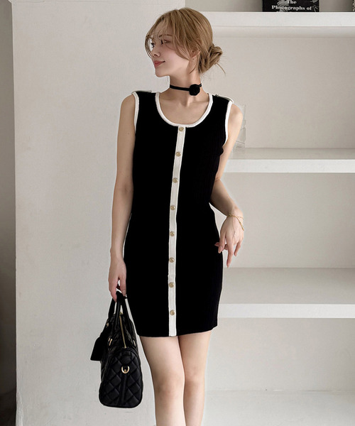配色ニットタイトミニワンピース 詳細画像
