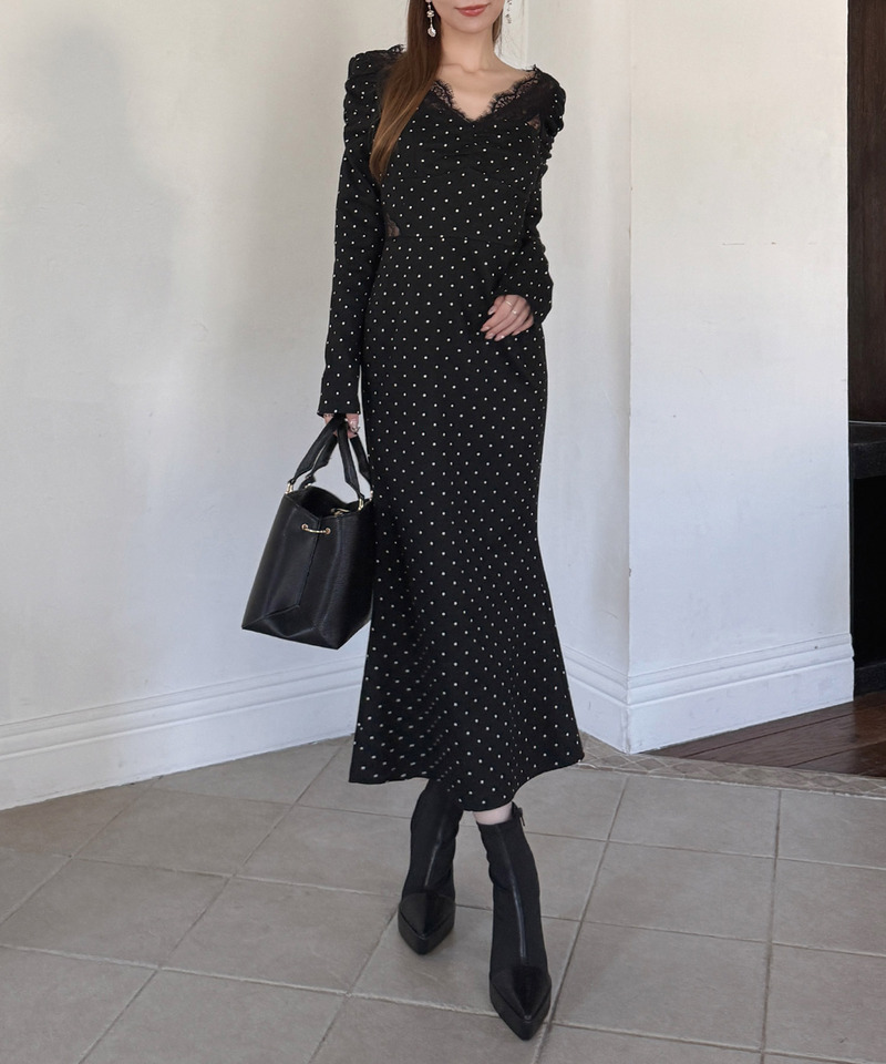 ウエストレースドットタイトワンピース 詳細画像 ブラック 2