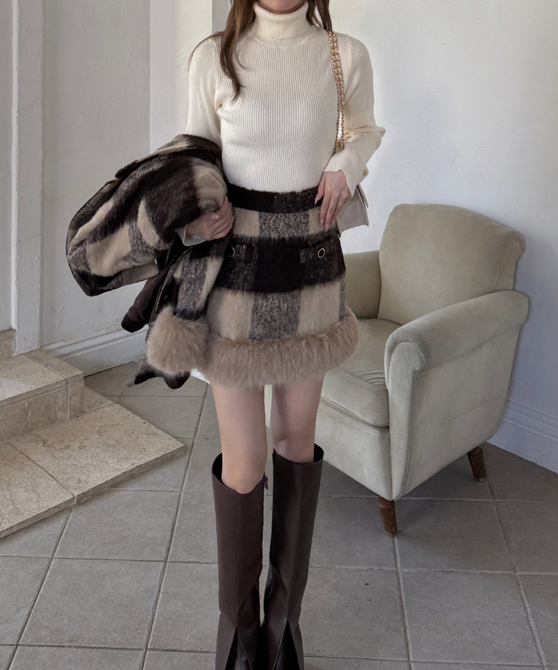ヘムファーブロックチェックタイトミニスカート 詳細画像 ブラウン 10