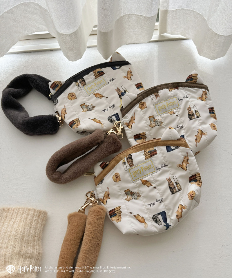 【Harry Potter】キャット 総柄 ファーハンドルポーチ 詳細画像 ベージュ 3