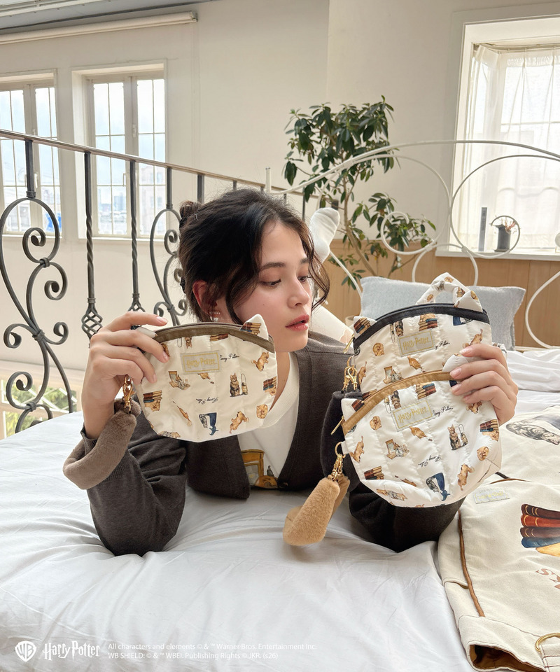 【Harry Potter】キャット 総柄 ファーハンドルポーチ 詳細画像 ベージュ 6