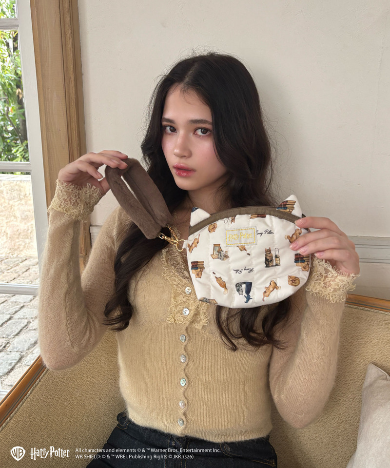 【Harry Potter】キャット 総柄 ファーハンドルポーチ 詳細画像 ベージュ 7
